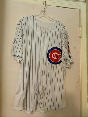 Chicago Cubs Pinstripe Baseball Jersey - White with Blue & Red Cubs Logo